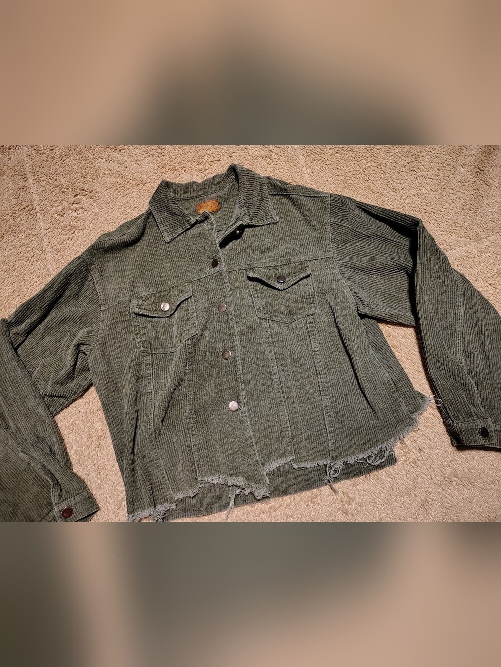 POL Green Corduroy Distressed Raw Hem Button Up Womens Jacket Size L 100% Cotton